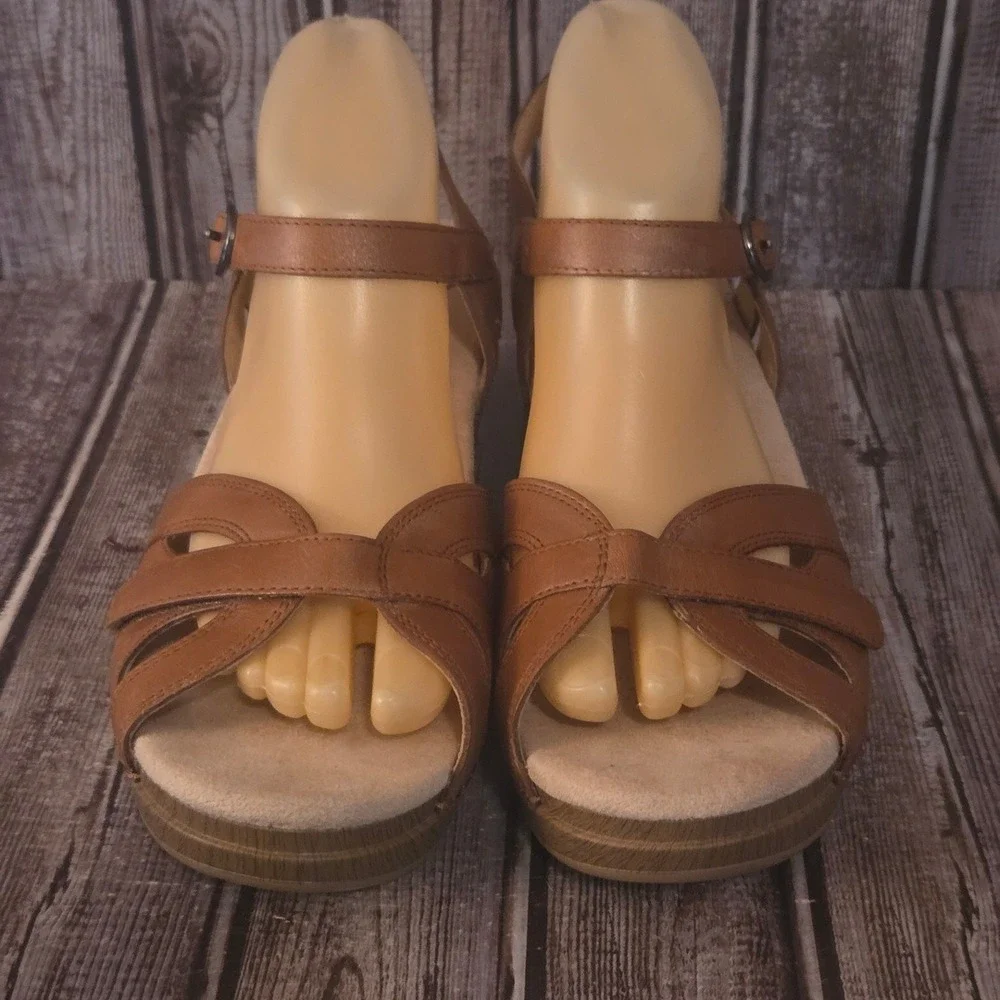 Sz 40/ 9.5-10 Dansko Season Brown Leather Comfort Wedge Sandals Excellent